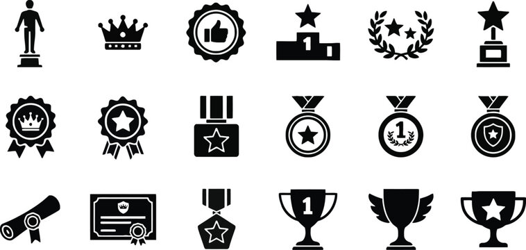Achievement and award icon set with trophy medal crown and winner podium.