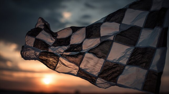 A checkered flag billows against a sunset sky, signifying the end of a race