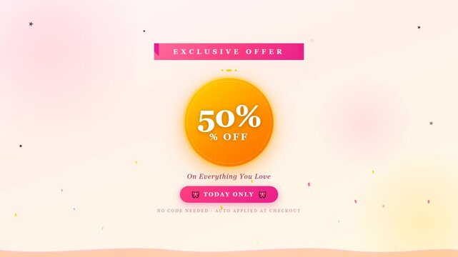 Exclusive offer 50 percent off sale promotion with pastel confetti background