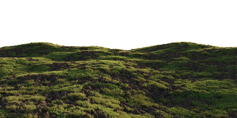 Fototapeta premium Green Meadow Terrain with Mixed Grass and Soil Patches Isolated on Transparent Background. 3D rendering.