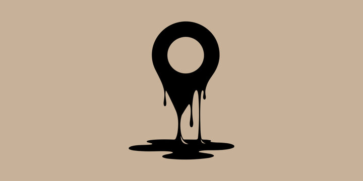 Black map pin icon with dripping liquid on beige background