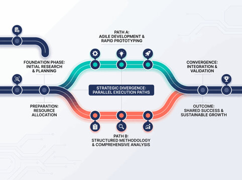 Infographic illustrates a circular process cycle with strategic governance and parallel execution phases