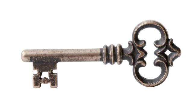 Antique ornate metal key with decorative bow and shaft detail