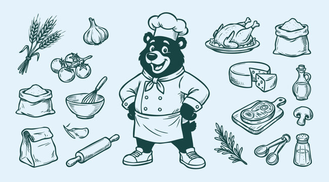 Vector doodle set of bear chef mascots with a collection of kitchen tools and food ingredients. Hand-drawn line art of cartoon characters and culinary elements isolated on a light background.