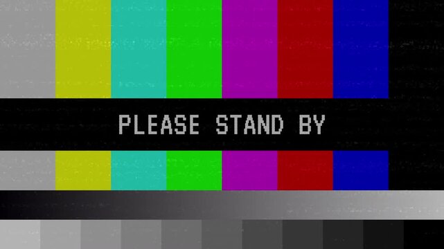 Horizontal TV static noise and glitch effect with please stand by text and color pattern background. 4K video animation