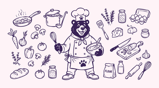 Vector doodle set of bear chef mascots with a collection of kitchen tools and food ingredients. Hand-drawn line art of cartoon characters and culinary elements isolated on a light background.