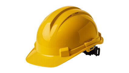 Fototapeta premium Bright yellow construction hard hat with orange and black chin strap