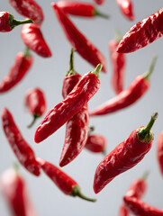 Fototapeta premium Red chili peppers floating in air on white studio background, sharp focus food photo