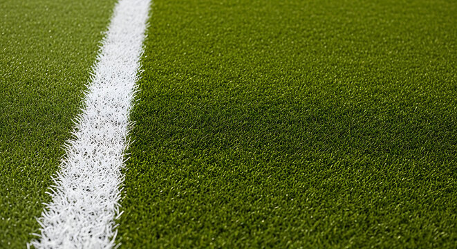 White painted line on green artificial turf sports field with artificial background athletic synthetic close-up