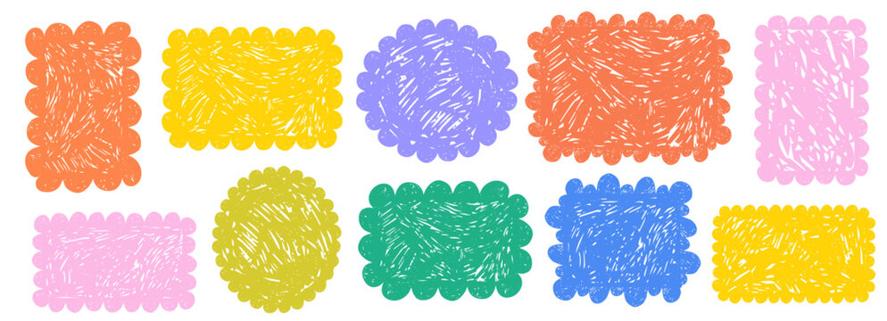 Scribble crayon doodle scalloped frames set. Chalk grunge girly blobs for text. Fluffy, wiggle label, stamp. Wavy whimsical edges curly doodle border.