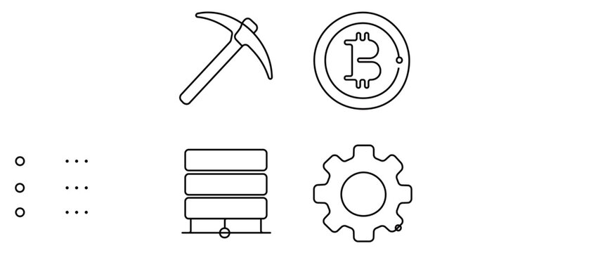 Vector icon set collection of 4 icons featuring cryptocurrency mining tools like a pickaxe, bitcoin coin, server rack, and gear cog. Minimalist line art for digital finance and technology concepts.