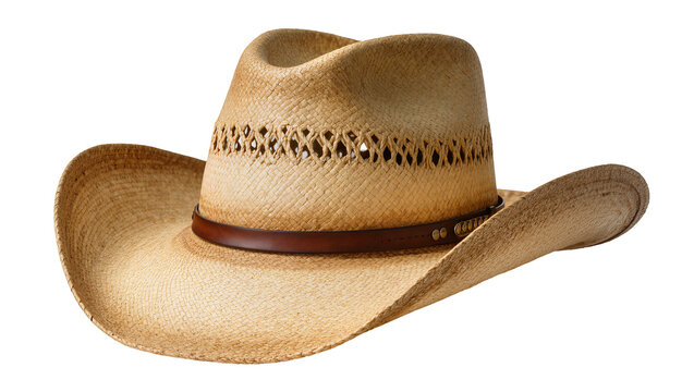Tan Straw Cowboy Hat with Brown Leather Band and Decorative Trim