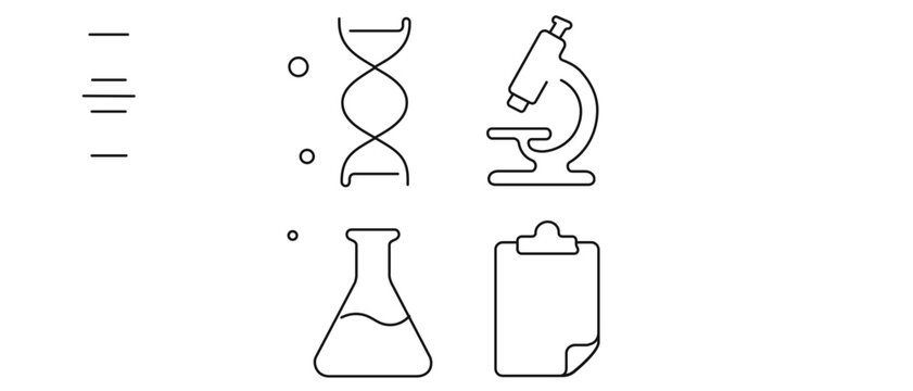 Professional vector icon set collection of 4 minimalist line icons featuring a DNA double helix, scientific microscope, laboratory Erlenmeyer flask, and medical clipboard for science research.