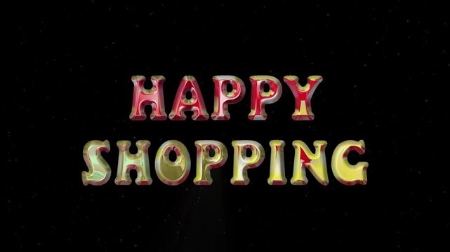 Happy shopping text animation. 3d render gold chrome text animation. Perfect for background visuals, motion graphics, branding, greetings, business, services, wallpapers, and digital design projects.