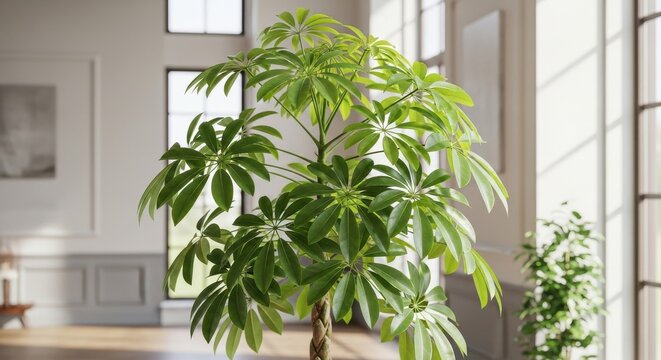 Lush Schefflera Umbrella Tree with Vibrant Green Compound Leaves Indoors