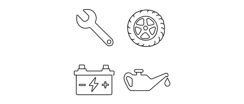 Automotive Repair Shop Vector Icon Set Featuring Wrench, Tire, Car Battery, and Oil Can Icons for Mechanic Services, Garage Maintenance, and Vehicle Care Collection of 4 Line Art Icons.