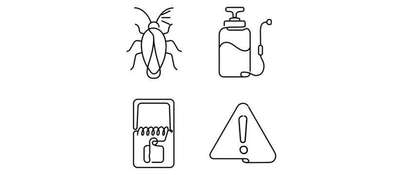Pest Control Vector Icon Set Collection of 4 Minimalist Line Art Icons Featuring a Cockroach, Pesticide Spray Canister, Mousetrap, and Warning Sign for Professional Extermination Services.