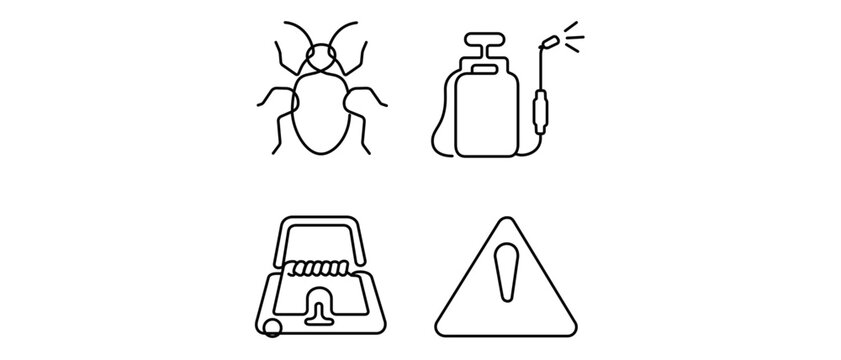 Comprehensive pest control vector icon set featuring a bug, chemical spray canister, mousetrap, and warning sign. Minimalist one-line art collection for extermination services and home safety.