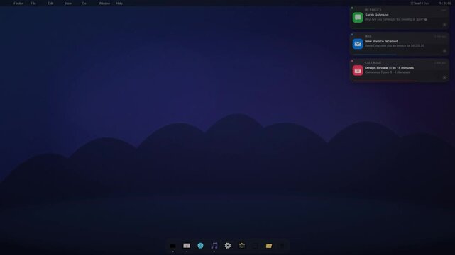 Dark mode desktop operating system interface with notification popup and app dock.