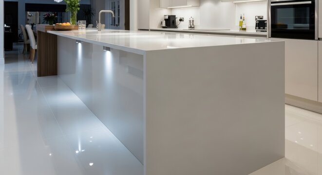 Sleek modern kitchen island with integrated LED lighting showcasing a luxurious white quartz composite countertop