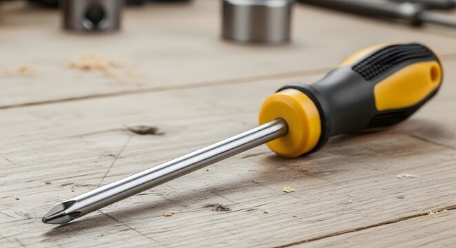Close up image of screwdriver lying on wooden surface