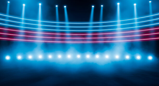 Stadium stage with bright blue spotlights and smoke atmosphere spotlights lighting atmosphere performance background entertainment spectacle production illumination
