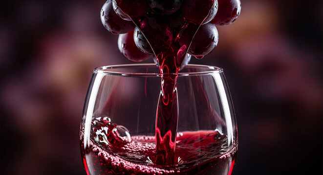 Red grapes dripping into a wine glass filled with red liquid on a dark background
