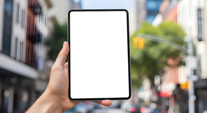 Person holding a tablet computer with a blank screen in a blurred urban setting