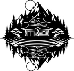 Naklejka premium Japanese Pagoda and Mountain Landscape Reflection Vector Art
