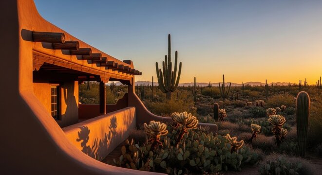 Southwestern Adobe Architecture at Sunset with Desert Cactus and Vigas