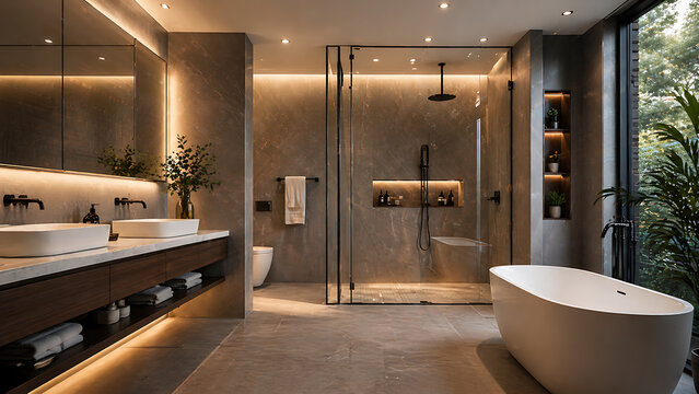 Modern luxury bathroom interior with large bathtub and walk in shower