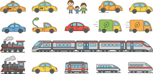 Set of Colorful Vehicle Vectors Including Taxis, Electric Cars, Trains, and Family Cars for Transportation, Travel, and Commuting Designs © REYAD