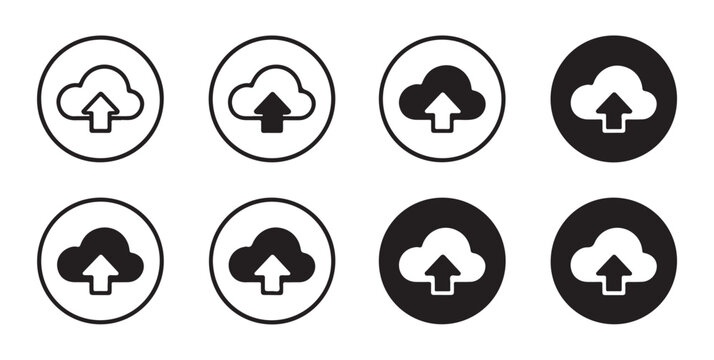 Cloud computing upload icons set with various stroke weights and filled styles for mobile application design.