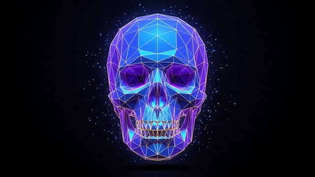 Geometric low-poly human skull made of glowing neon blue violet triangular facets with golden wireframe edges and purple inner glow on black background