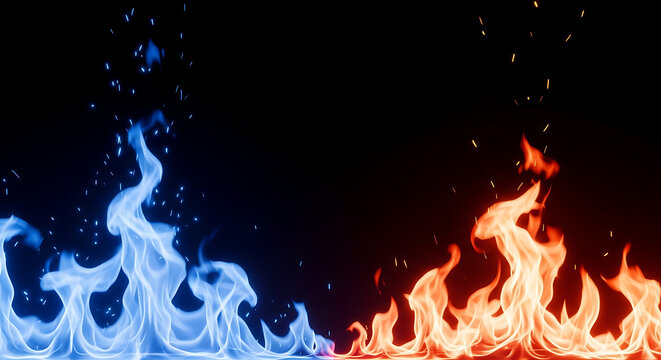 Contrast concept of blue cold flames and red hot fire against black background with contrast abstract temperature background conceptual ignition