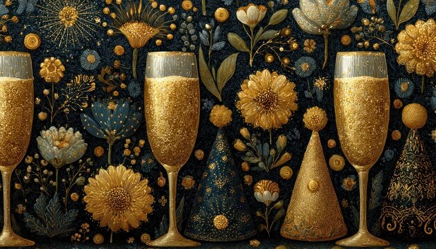 Seamless golden New Year Eve pattern with champagne, sparklers, fireworks, hats