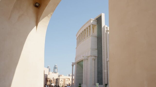 Slow Motion Katara Amphitheatre Architecture at Midday, Cinematic View of Cultural Landmark in Doha Qatar
