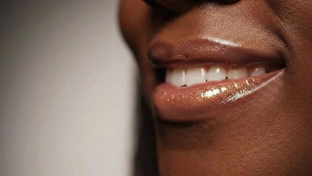Close up of a womans glossy lips with a subtle smile.