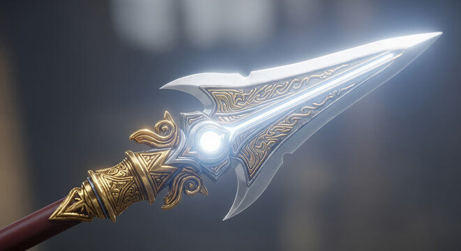Golden spear head with ornate design in a dramatic lighting background