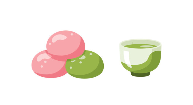 Vibrant illustration of traditional Japanese dango sweet rice dumplings in pink and green colors, perfectly paired with a refreshing cup of matcha green tea, ideal for a cultural snack