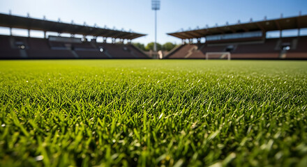 Fototapeta premium Empty stadium soccer field with green grass and bright daylight football daylight professional competition landscape sporting bleachers athletic perspective architecture