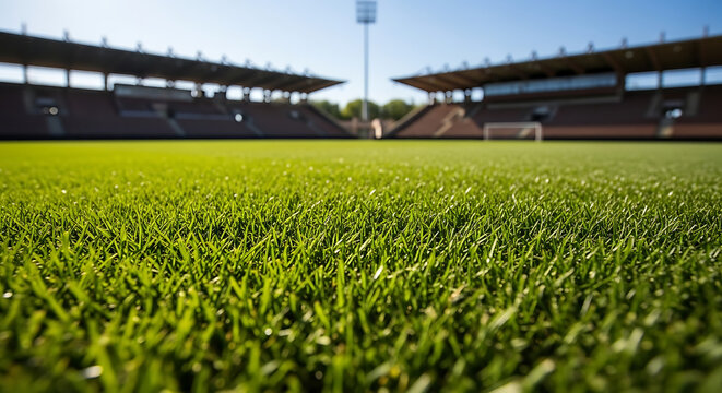 Empty stadium soccer field with green grass and bright daylight football daylight professional competition landscape sporting bleachers athletic perspective architecture