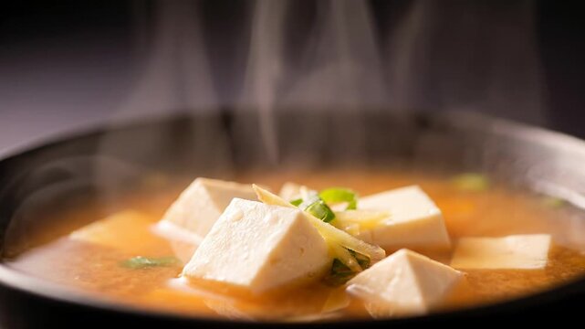 Steaming Hot Tofu Soup in a Traditional Korean Bowl, Close-Up.