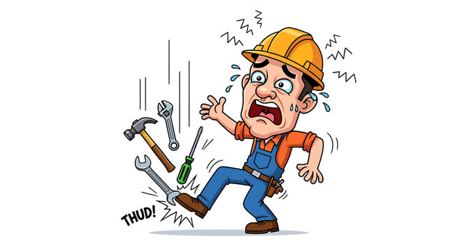 Cartoon construction worker falling with tools scattered around him.