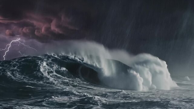 Powerful ocean wave crashing during a dramatic lightning storm with dark stormy clouds