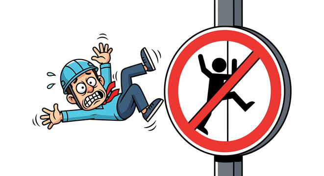 Man falling off a pole with a no jumping sign.