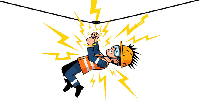 Cartoon worker electrocuted on power line.