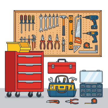 bright vector illustration of a well-organized tool storage setup featuring a red tool chest, blue tool bag, and various hand tools. ideal for diy, home improvement, construction, and workshop-themed.