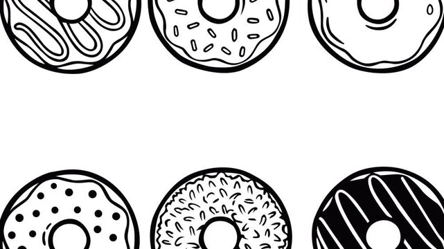 Looping footage of assorted donut outlines arranged in a clean seamless pattern on a light background. Smooth motion and minimal style create a modern food visual for ads, menus, and branding.