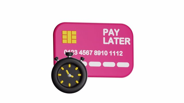 3d ux icon motion pink pay later card with a stopwatch, representing finance management, timesensitive payments, credit options. Suitable for financial blogs, timesensitive payment concept.